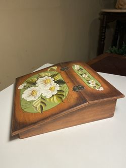 Beautiful Vintage Portable Secretary Lap Desk Wooden Hand Painted Storage Box