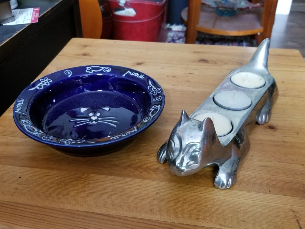 Cat saucer and cat pewter voter candle holder