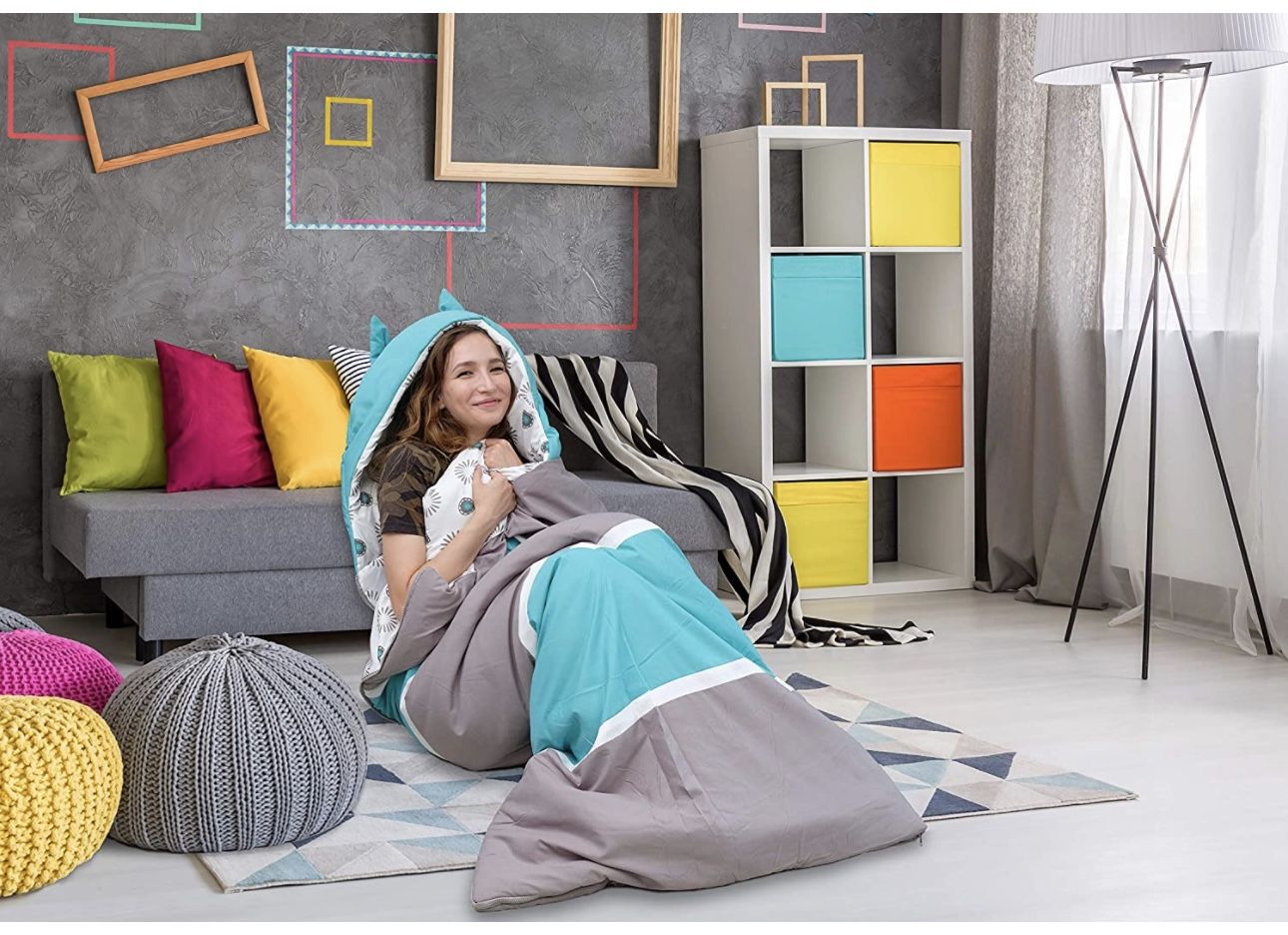 Chic Home Hayes Sleeping Bag with Cat Ear Hood Two Tone Design with Geometric Pa