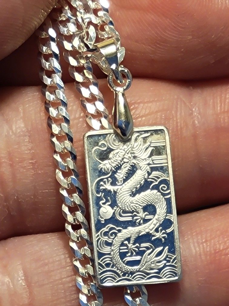 .999 Fine Silver Dragon Pendant Handmade W/ .925 STERLING SILVER BAIL