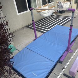 Gymnastics bar, pad and balance beam