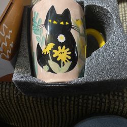 Nymph Fable Large Ceramic Coffee Mug Featuring A Hand-Painted Cat Design 