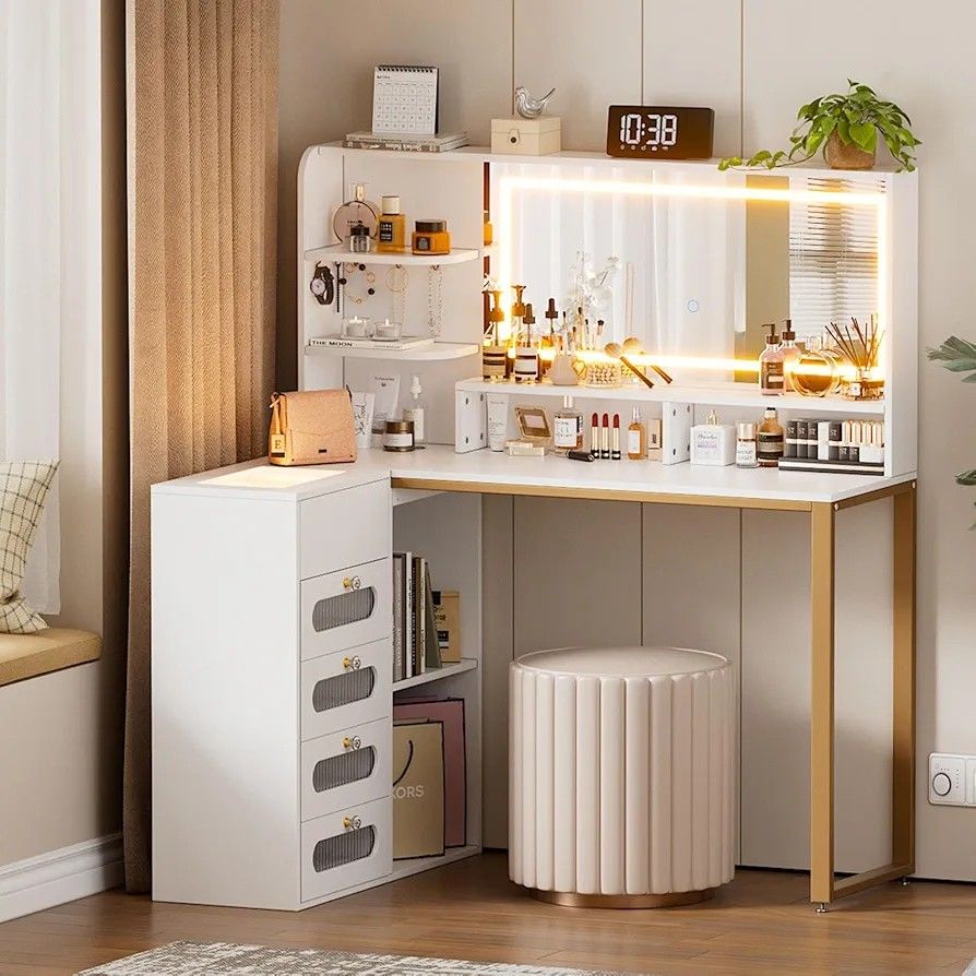 Vanity Set with Lighted Mirror, Vanity Desk Makeup Vanity with 3-Color Adjustable Touch Light, 5 Drawers, Storage Shelves,Large Bedroom Vanitys for Wo