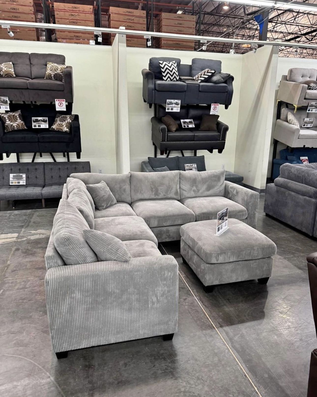 GREY CORDUROY SECTIONAL WITH OTTOMAN