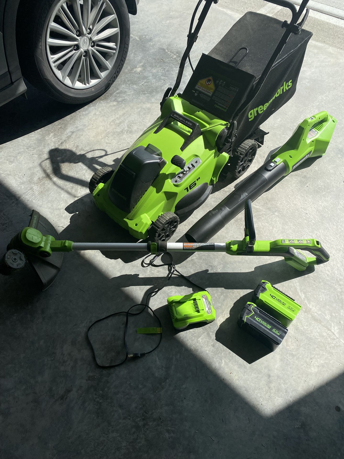 Greenworks Electric Mower, Trimmer, & Blower with 2 Batteries and Charger