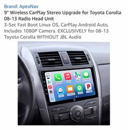 9" Wireless CarPlay Stereo Upgrade for Toyota Corolla 08-13 Radio Head Unit 3-Sec Fast Boot Linux OS, CarPlay Android Auto, Includes 1080P Camera. EXC