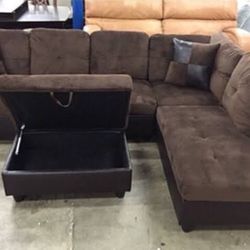 New Brown Sectional Sofa Microfiber Couch With Storage Ottoman And Pillows 