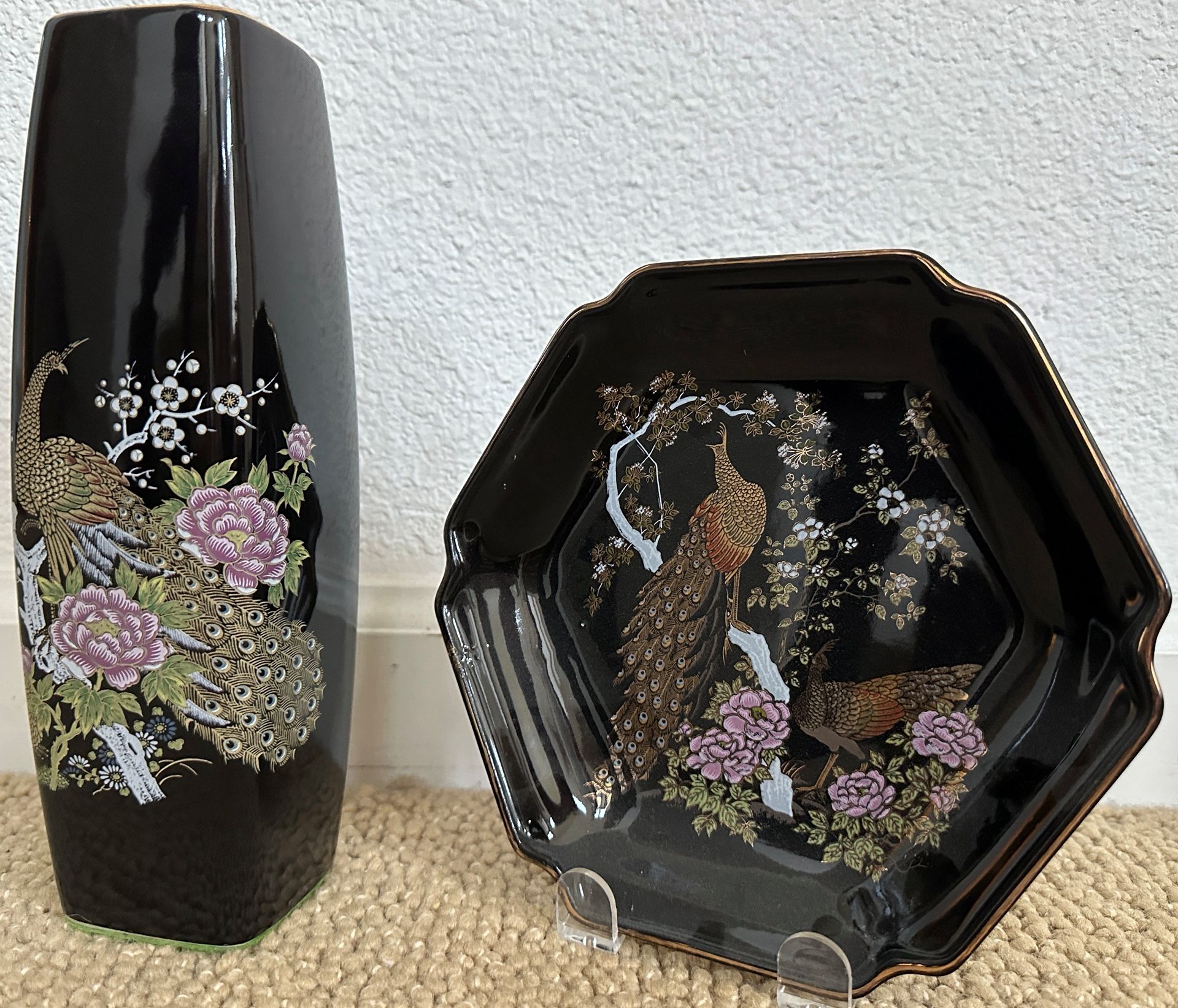 Peacock With Florals Black Background Plate And Vase