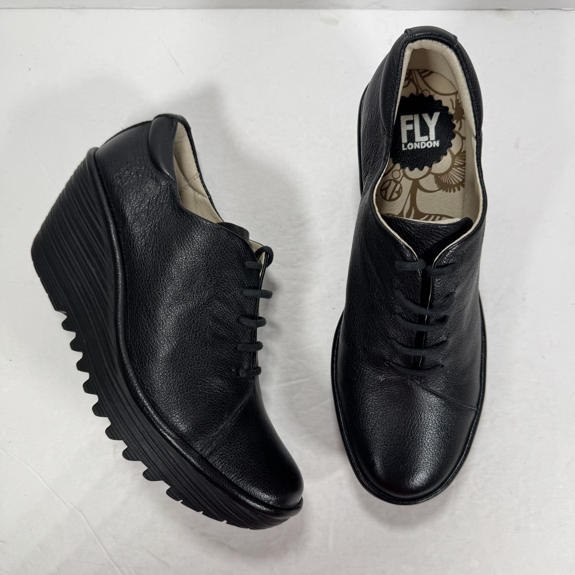 Fly London Yumi Black Leather Lace Up Wedge Bootie Women Size 8