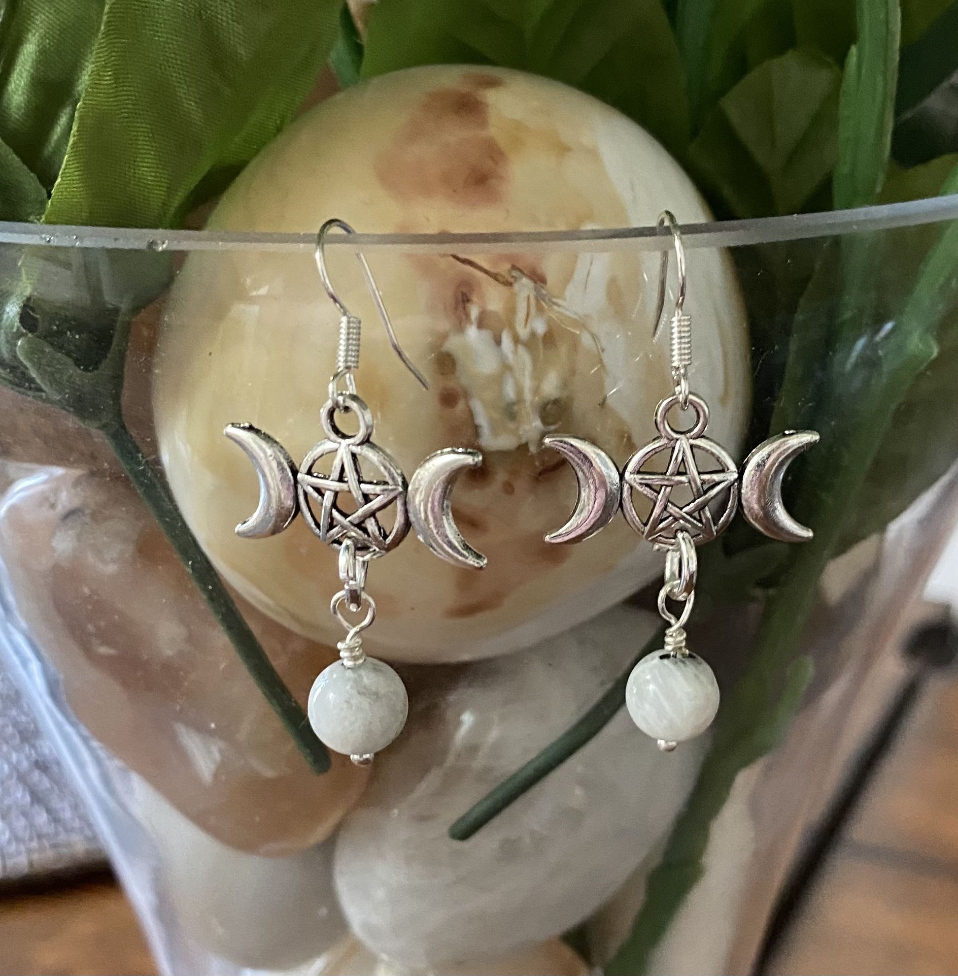 Triple Moon Goddess With Genuine Rainbow Moonstone Earrings