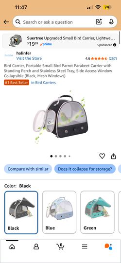 Bird Carrier, Portable Small Bird Parrot Parakeet Carrier with Standing Perch and Stainless Steel Tray, Side Access Window Collapsible (Black, Mesh Wi