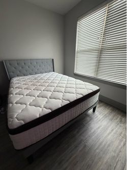 Queen bed and mattress $75;  mirror $10