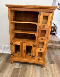 Rustic Pine Wood Cabinet with Shelves and Drawers