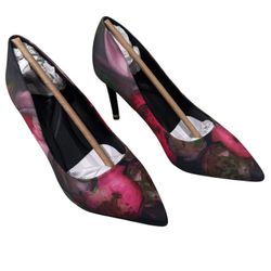 Ted Baker London Charlotte Pumps, Black Multi Floral Satin, Pointed Toe, Size US 5