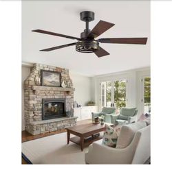 HINNIXY 42 in. Black Indoor Caged Fandelier Downrod Ceiling Fan with light Reversible Quiet DC Motor for Living Room Kitchen