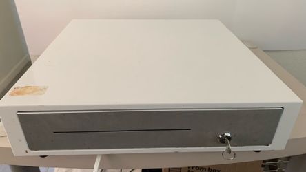 White cash drawer with key and cables