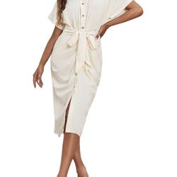 Women's Collar Button Down Ruched Self Tie Short Sleeve Midi Dress