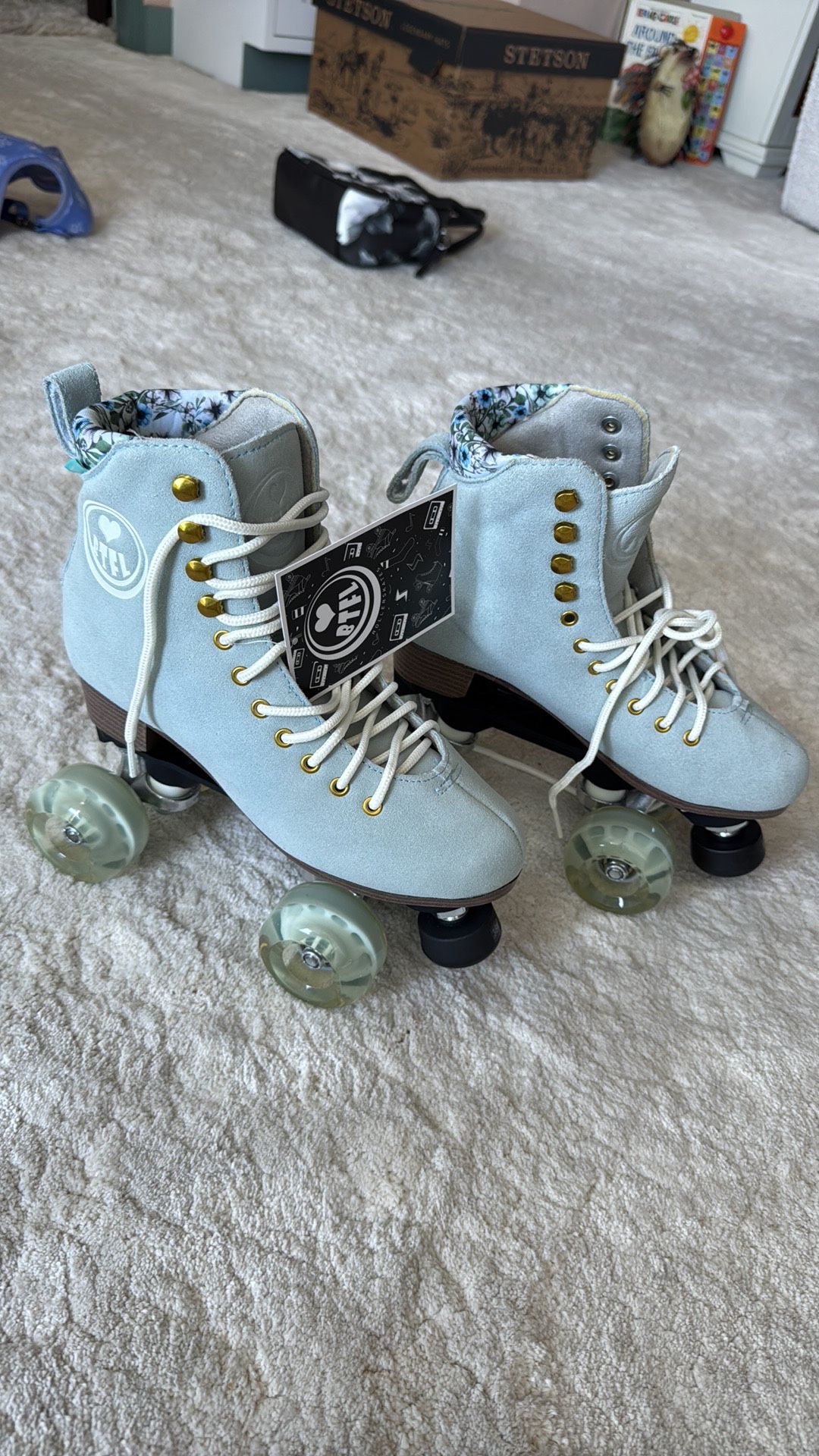 New Baby Blue Suede Roller Skates With Gold Accents - Adult Size 7