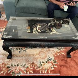 Coffee Table Asian Oyster Shells Glass Top 33 Inch Long 