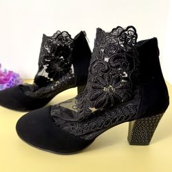 Black Embroidered Heels, Size 9