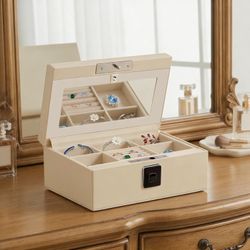 Jewelry Safe, Biometric Fingerprint Safe, Leather Wrapped Jewelry Box with Lock & Mirror, Ultra-Lightweight Jewelry Box Suitable for Home U