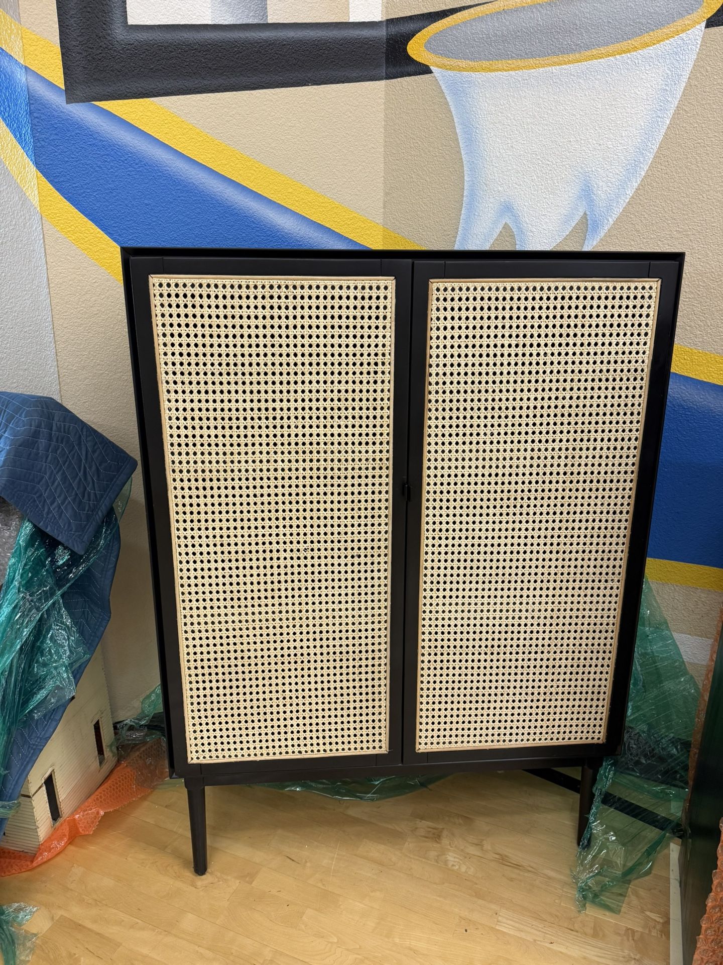 Wood and Rattan Bar Cabinet