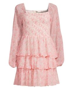 Madden NYC Smocked Ruffled Tiered Mini Dress Long Sleeved Floral Print Size XXL 2X