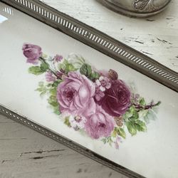 Gorgeous, Antique Porcelain And Silver Dresser Tray