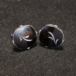 Vintage SWANK Black Silver Tone Cufflinks 20mm Mid Century 15g Signed