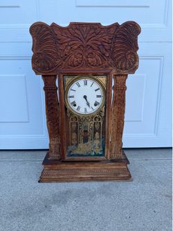 Antique Victorian Gingerbread Mantel Clock Carved Wood Shelf Clock