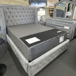 GRAY UPHOLSTERED BED w/ TALL HEADBOARD