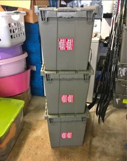 Attached lids storage bins and New milk crates
