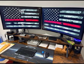 Rustic Brown Computer Desk with 2 Monitors and riser shelf