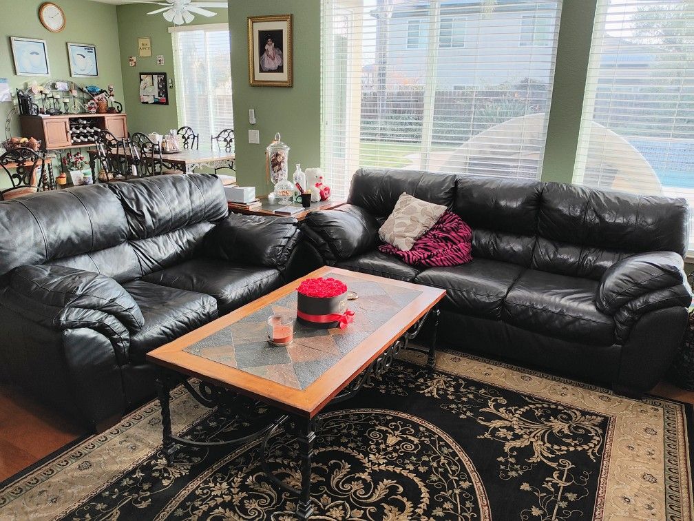 Black Leather Sofa Set, Coffee Table And End Table