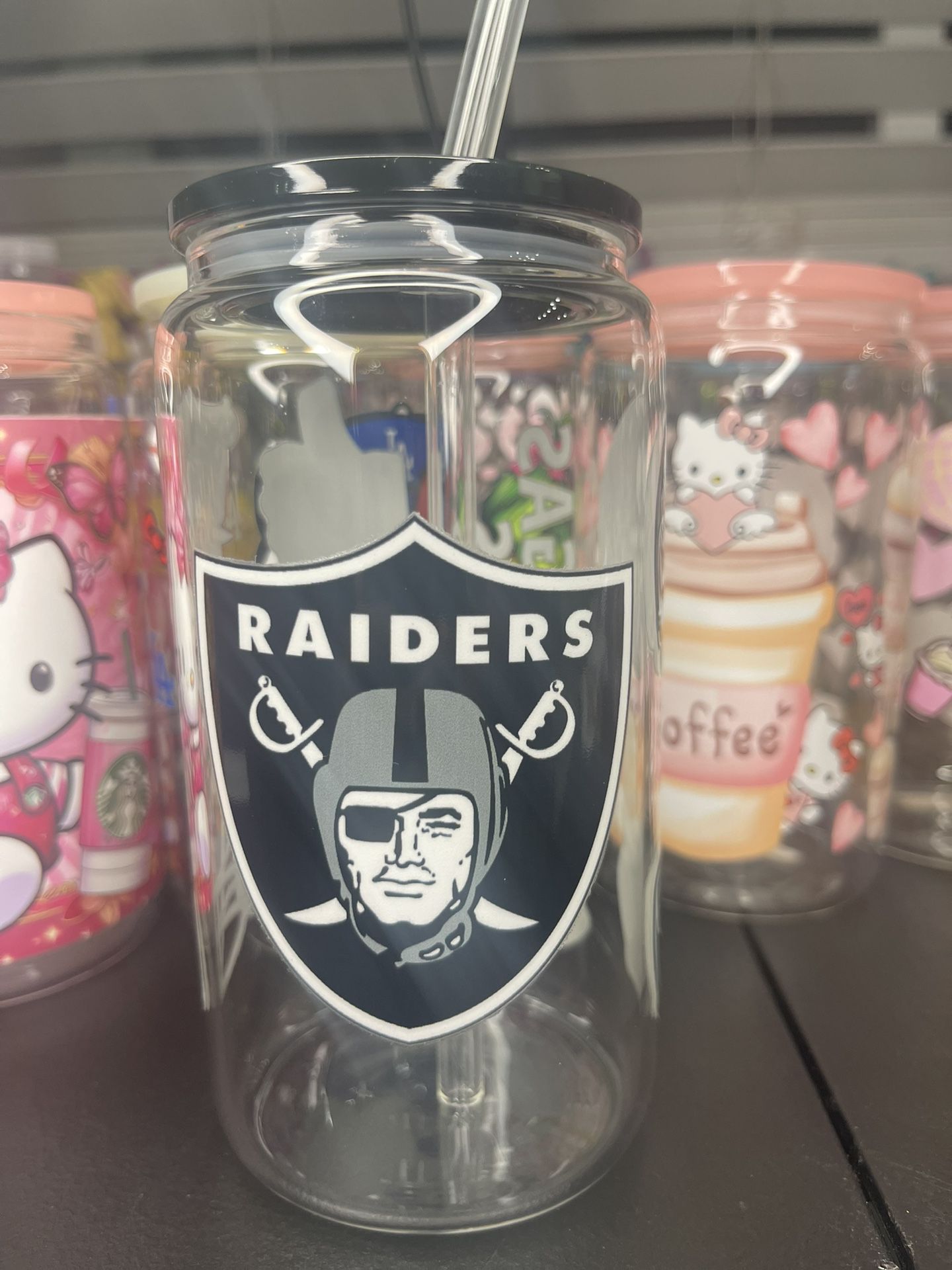 Raiders 16oz Glass Cup w/ Glass Straw 