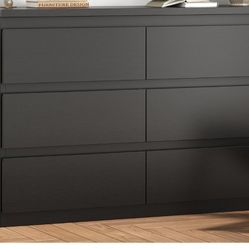 Modern Black 6 Drawer Dresser - Simply Chest of Drawers for Bedroom, Closet, Living Room, Hallway, Entryway, Wood Storage Double Dresser with Smooth M