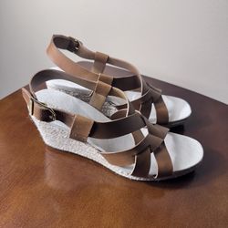Cole Haan Women's Crystal Espadrille Wedge Sandals with brown leather straps.