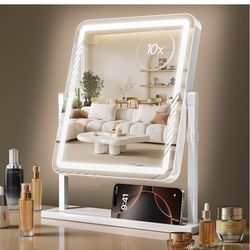 Vanity Mirror with Lights, Height-Adjustable & 360° Rotation, 1/10X Magnification,  3 Color Lighting Modes, Makeup Mirror Smart Touch Control, Large