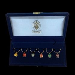 Faberge Enamel Egg & Crystal Wine Glass Charms, - Set of 6