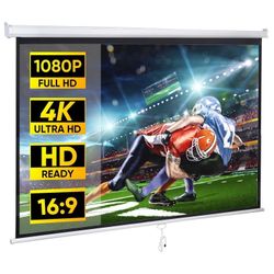 New 80'' 16:9 HD Manual Pull Down Projector Screen Anti-Crease Foldable Portable Projection Screen for Home Theater Cinema Office, White