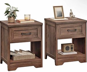 Farmhouse Nightstand Set of 2 – Rustic End Tables with Drawer & Storage, Dark Walnut
