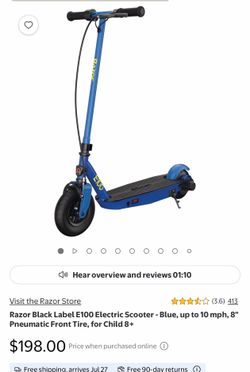 Brand New Razor Black Label E100 Electric Scooter - Blue, up to 10 mph, 8" Pneumatic Front Tire, for Child 8+