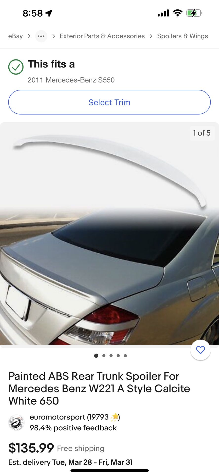 2007-13 Mercedes Benz S550 Rear Spoiler (White)