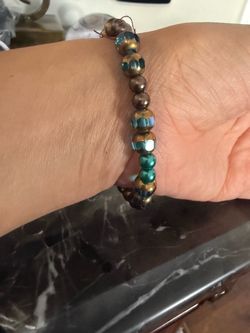 Beaded Stretch Bracelet Teal and Bronze