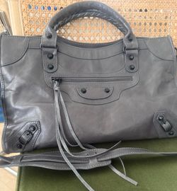 Large Grey Leather Handbag Top Handle