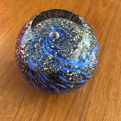 Vintage Beautiful Stormy Glass Paperweight, Blue  With Gold Flecks