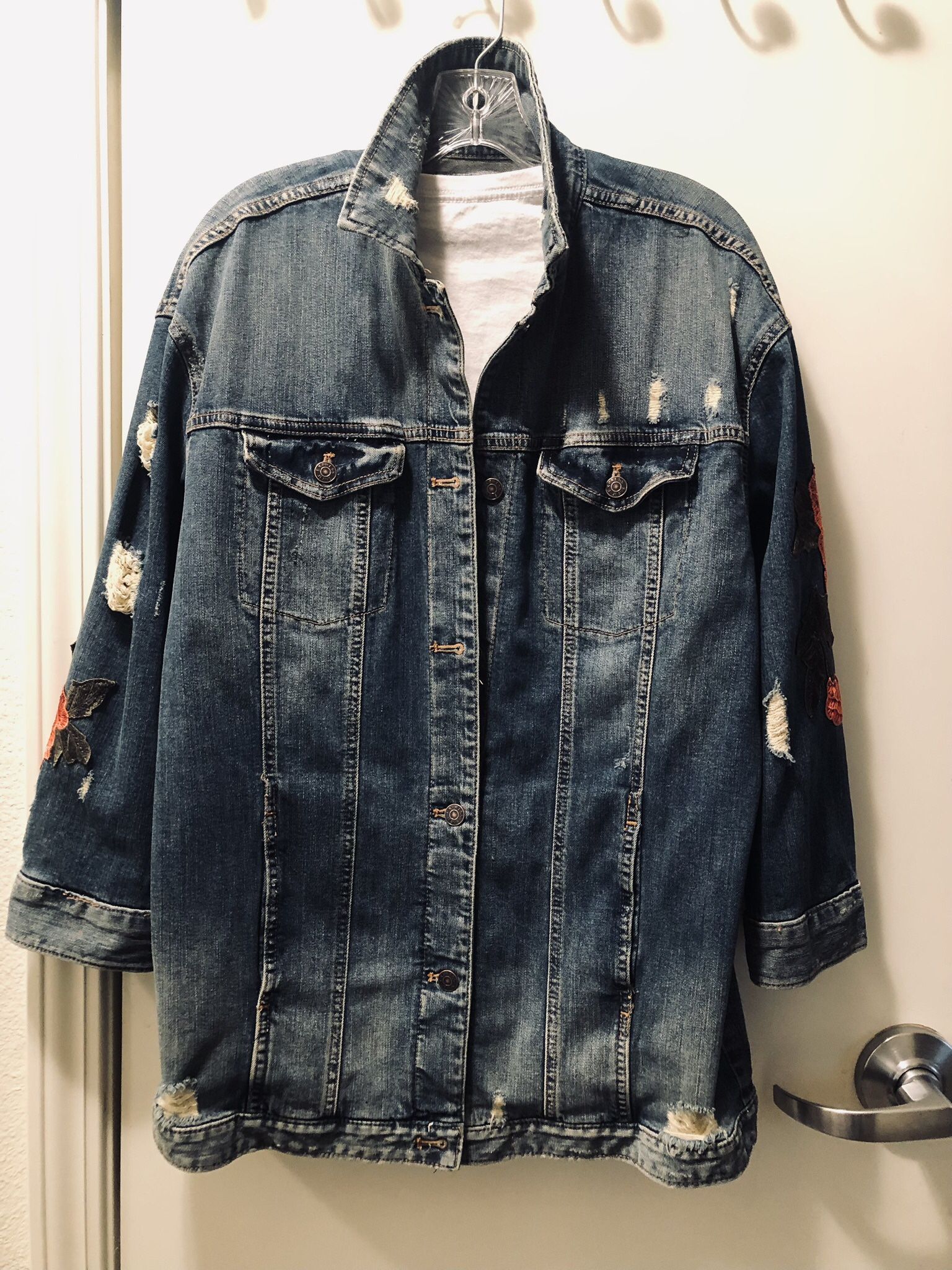 Ladies Distressed Denim Jacket with Embroidered Roses