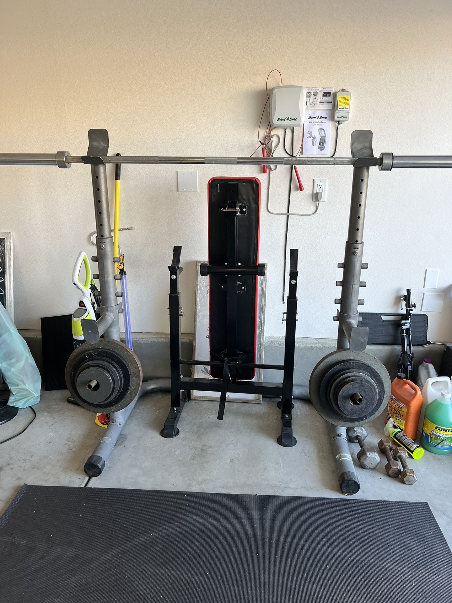 Squat Rack, Bench, Bar + Weights