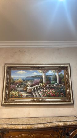 Large Framed Mediterranean Garden Oil Painting