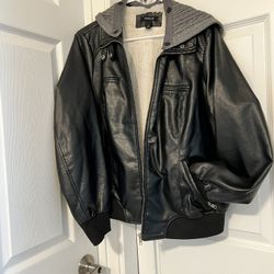 $35 Black Faux Leather Hooded Bomber Jacket